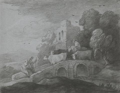 Wooded Landscape with Herdsman Driving Cattle over a Bridge, Rustic Lovers and Ruined Castle