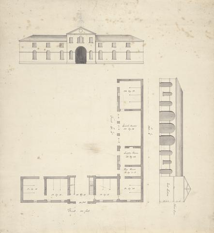 unknown artist Design for stables, plan with 2 elevations