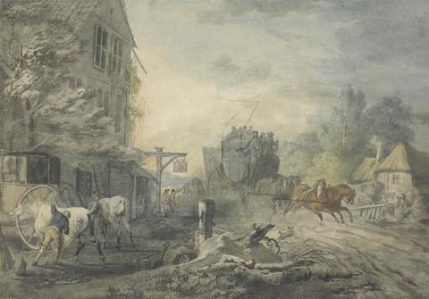 George Robertson A Stagecoach and Four Dashing Through a Village on the Bath-London Road