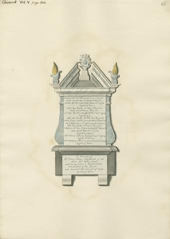Daniel Lysons Memorial to Samuel Martin, Mary Bryant, Martha Bryant, Lucy Bryant, Mary Hawes, William Martin and Henry Hawes from Chiswick Church