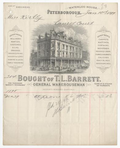 [Billhead of T.L. Barrett, general warehouseman, Peterborough, for a purchase by Maude K. Kirkby].