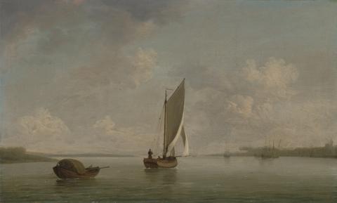 Charles Brooking A Smack Under Sail in a Light Breeze in a River