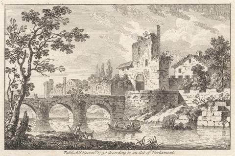 Francois Vivares Townscape with bridge and three men in a boat, traveller and a dog (set of 6)
