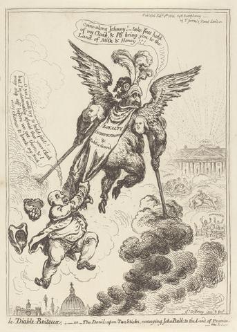 James Gillray Le Diable-Boiteaux, or the Devil upon Two Sticks, conveying John Bull to the Land of Promise