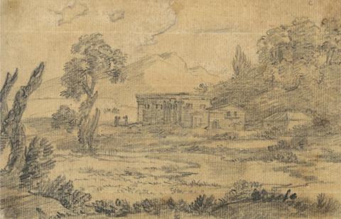 Alexander Cozens Buildings by a River with Hills in Background