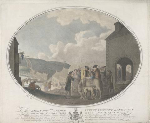 William Hincks Plate VIII: representing the Brown Linen Market at Banbridge, in the County of Downe, The Weavers holding up their Pieces of Linen to View, the Bleachers elevated on Forms examining its Quality