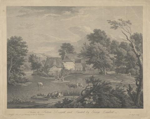 James Mason Landscape with Cows Standing in a Ford, Cottage Beyond