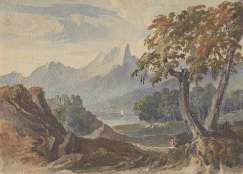 Thomas Sully Landscape with Mountains, Lake Castle, Seated Figure in Foreground