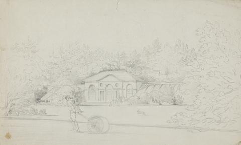 Rev. William Warren Porter Study of a Cottage and a Man Rolling the Lawn