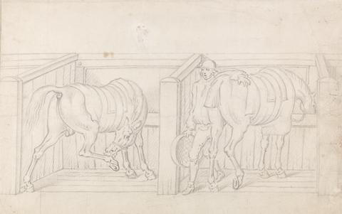 James Seymour Two Saddled Horses in Stalls in a Stable