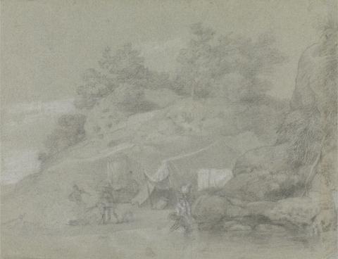 Johan Joseph Zoffany RA A River by a Rocky Bank with Figures, Possibly in India
