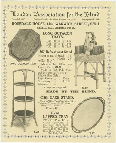 London Association for the Blind, creator. [Advertisement for household items made by blind workers].
