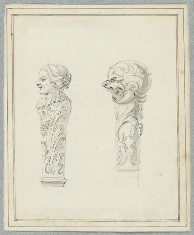 Augustin Heckel Two Columns with a Head of a Woman and a Grotesque Head