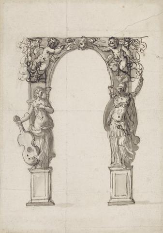Inigo Jones Design for a Temporary Arch Ornamented with Putti and Allegorical Figures of Music and War
