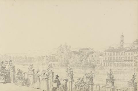 Sir Charles D'Oyly Album of 30 Views in the Tyrol and Italy: View from the Terrace of Casino Percori on the Lung Arno, Florence 7th Sept.er 1841