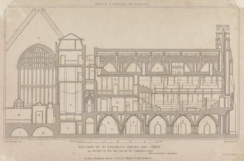 George Gladwin Plate XXV: Section of St. Stephen's chapel and crypt. As fitted up for the House of Commons. 1834.