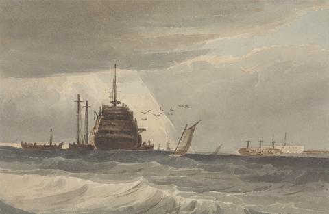 Samuel Prout Off Portsmouth: Boats Loading or Unloading a Large Hulk, Small Craft Nearby