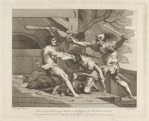 Robert Blyth Two untitled etchings laid down on one sheet: Bandits and Soldiers Fighting