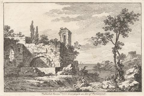 Francois Vivares Landscape with ruins and view of sea, traveller and dog and traveller and woman (set of 6)
