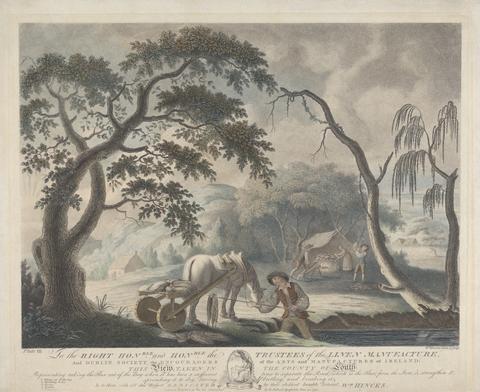 William Hincks Plate III: View taken in the County of Louth Representing taking the Flax out of the Bog when it has lain a sufficient time to seperate the Rind, which is the Flax from the Stem, & strengthen it, spreading it to dry, stoving, beetling, and breaking it.