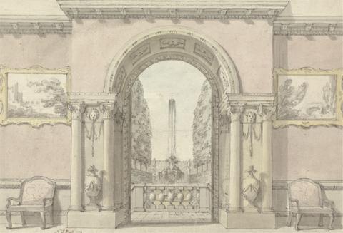 Nicholas Thomas Dall Saloon with an Arch to a Garden and Fountain