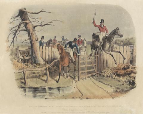 Day & Co. Fox Hunting [set of six]: Melton Mowbray No. 5. Taking the Gate at the Hinge Post while Snob walks thro'