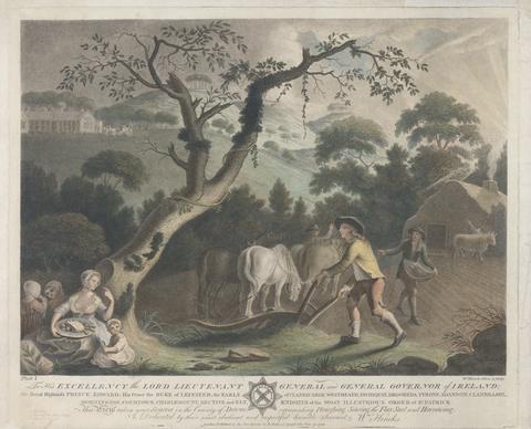 William Hincks Plate I: View taken near Scarva in the County of Downe, representing Ploughing, Sowing the Flax Seed and Harrowing