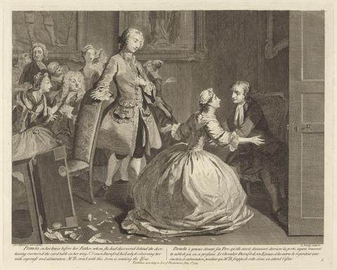 L. Truchy Pamela on her knees before her Father, whom she had discovered behind the door having overturned the card table in the way. Sr. Simon Darnford his Lady & c. observing her with eagerness and admiration Mr. B struck with this scene is waiting the issue.