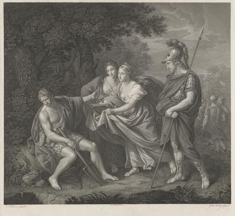 John Hall Untitled - Man in bearskin seated holding a shovel, two women in the center and a Roman on the right