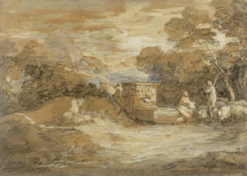 Thomas Gainsborough RA Mountain Landscape with Figures, Sheep and Fountain