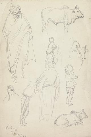 William Simpson Sketches of Standing Figures and Bulls, Lahore, 18 March 1860