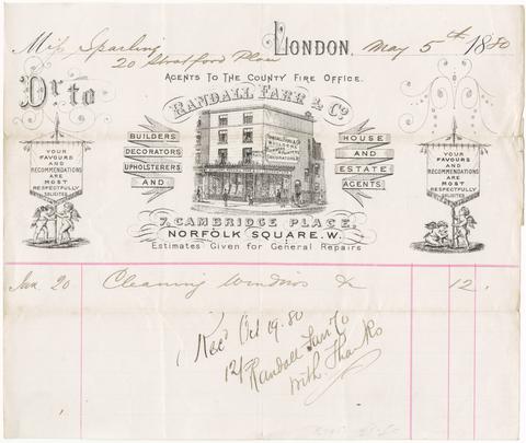 [Billhead of Randall Farr & Co., builder, London, for window cleaning provided to Miss Sparling].