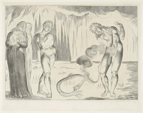 William Blake Pl. 5: A Serpent Attacking Buoso Donata ['...He ey'd the serpent and the serpent him.' Hell; Canto xxv. line 82.]