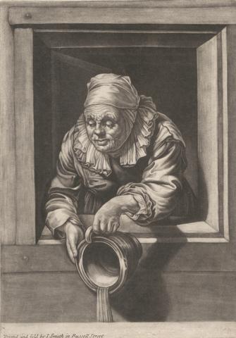 An Old Woman at a Window Emptying a Chamber Pot