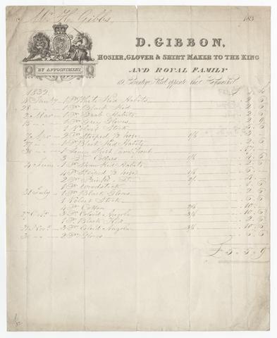 Billhead of Daniel Gibbon, London hosier, for purchases by Mr. H. Gibbs, 1832.