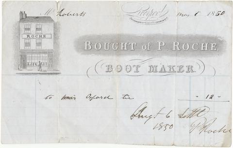 Billhead recording shoes purchased by Mr. Roberts from P. Roche, boot maker, Liverpool.