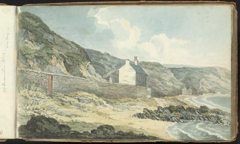 Thomas Bradshaw Album of Landscape and Figure Drawings: Houses on a Rocky shoreline