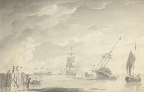 Dominic Serres RA Battle Scene, Three Battleships, One Sinking; Figures on Left in Rowboat and Standing Pier