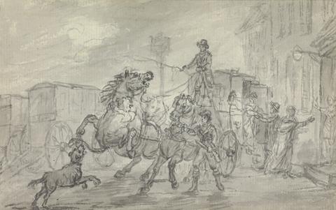 Julius Caesar Ibbetson A Lioness Attacking the Off-Leader of the Exeter Mail Coach Outside the Pheasant Inn, Winterslow, on the Night of 20 October 1816