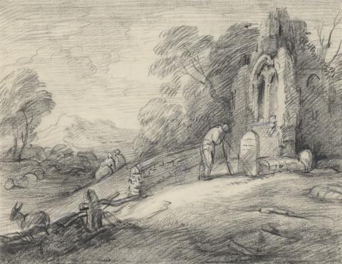 Thomas Gainsborough RA Wooded Landscape with Peasant Reading an Inscription on a Tombstone beside a Ruined Church, Figures, Donkey, Sheep and Distant Mountains