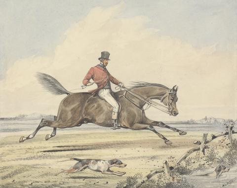 Samuel Henry Gordon Alken Foxhunting: Rider Approaching a Fence by a Pond, Hound Swimming Through