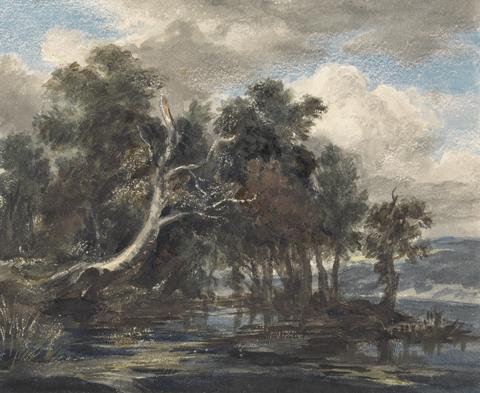 unknown artist Trees by a River, Cloudy Sky