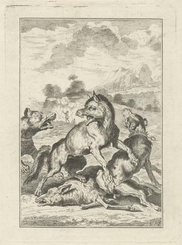 George Bickham Two hunting dogs, a wolf and a sheep, a Pl. for 'A New Drawing Book..of Beasts in Various Actions' (1 of 9)