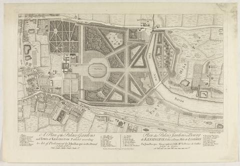 A plan of the palace gardens and town of Kensington ... = Plan du palais jardins et bourg de Kensington : situé à deux mile de Londres / par Jean Rocque ...