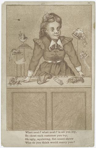 [Caricature card depiciting a sepia illustration of a shop assistant, with verse]