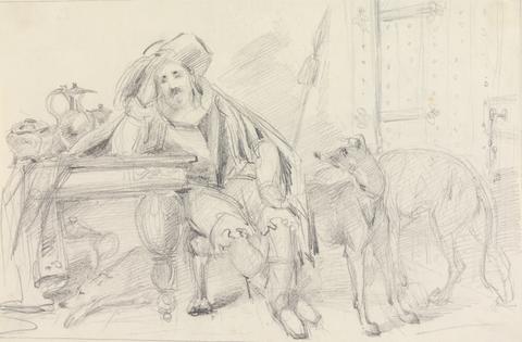 Man Asleep at Table with Dogs
