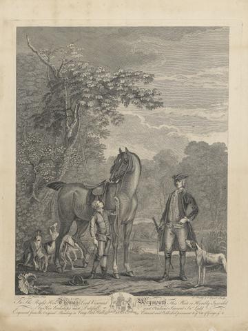 L. Truchy Set of seven, untitled, each dedicated: To the Right Hon'ble. Thomas Lord Viscount Weymouth...from the Original Painting in Long Leat Hall. [A gentleman standing at left with a hound; at right...]