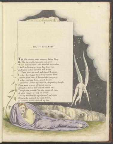 William Blake Young's Night Thoughts, Page 1, "Swift on His Downy Pinion Flies from Woe"