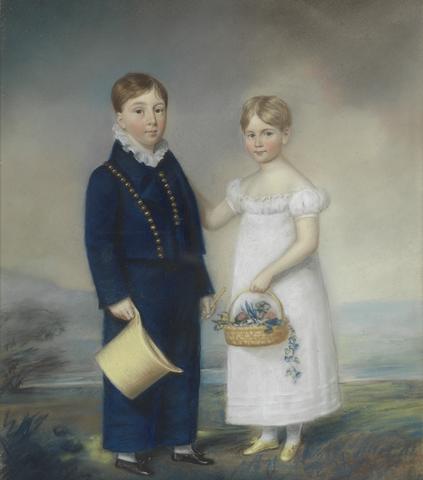 James Sharples Boy Holding a Hat and Girl Holding a Basket of Flowers, Standing in a Landscape
