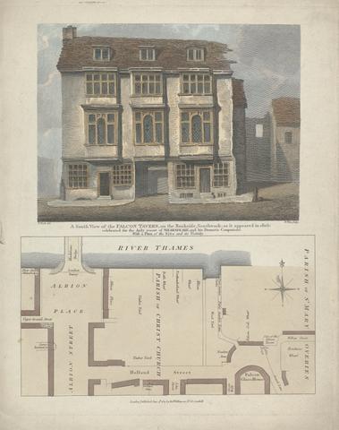 William Wise A South View of the Falcon Tavern, on the Bankside, Southwark; as it appeared in 1805: celebrated for the daily resort of Shakspeare, and his Dramatic Companions with a Plan of the site and its vicinity.